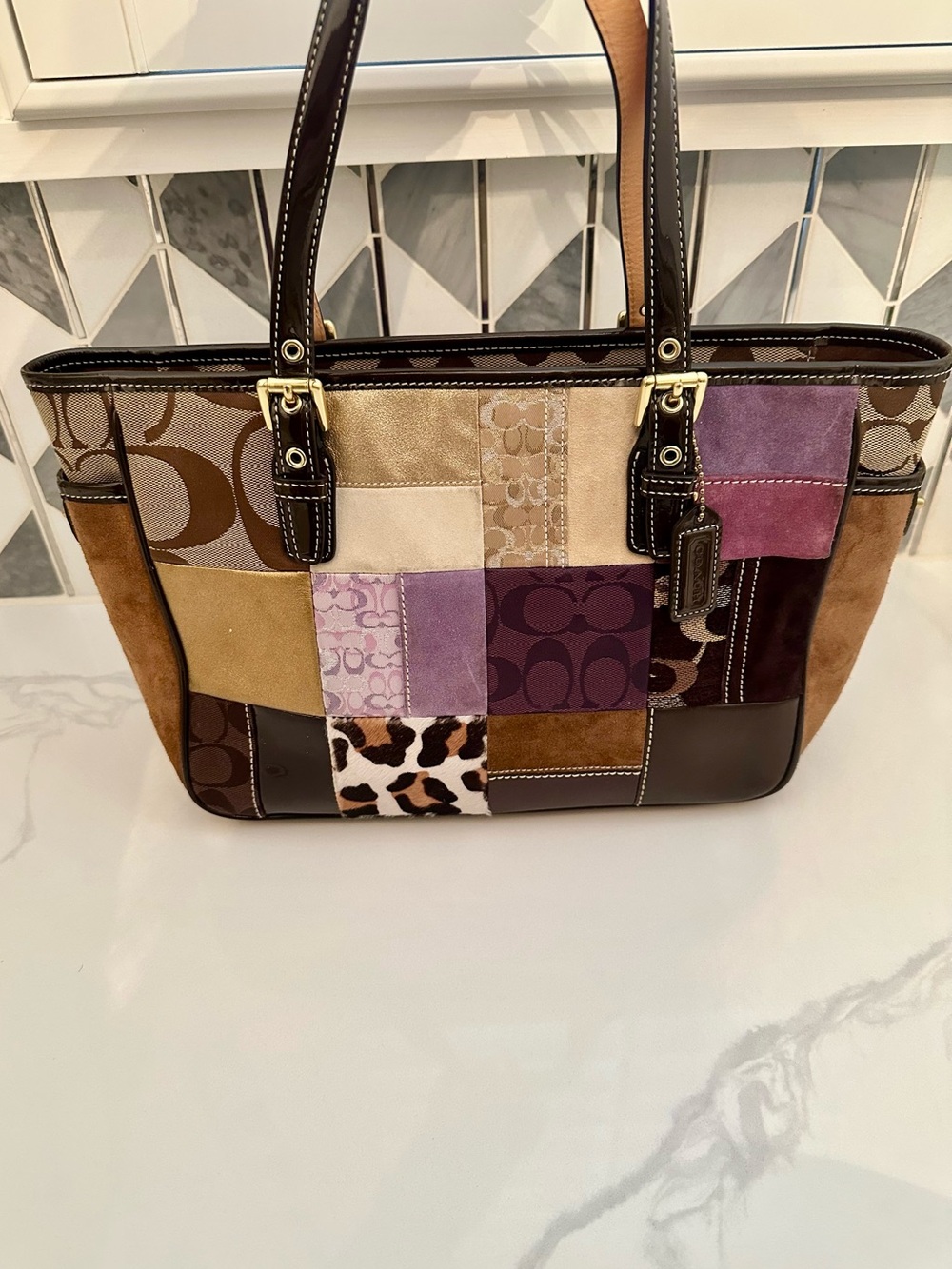 Vintage Y2K Coach Patchwork Tote-  Leather Suede Signature Brown Purple Leopard
